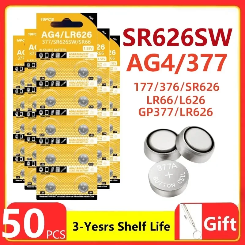 

50PCS AG4 Coin Battery LR626 377 Button Cell Coin Alkaline Battery 1.55V SR626SW 377A LR66 for Watches Toys No Mercury