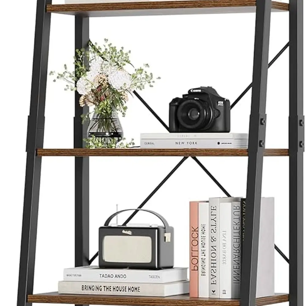 

5-Tier Metal Frame Ladder Bookshelf, Rustic Brown & Black Plant Display Rack for Home Office