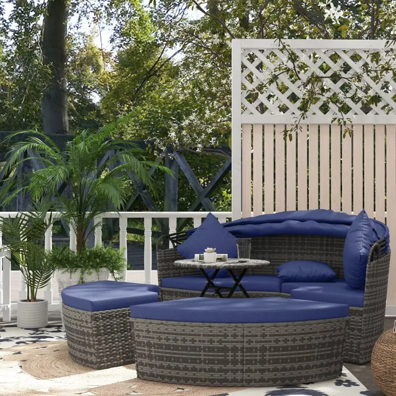 4-Piece Rattan Garden Furniture Set Blue Canopy Daybed & Outdoor Sofa 2 Chairs Extending Table Ottoman Chair Pillows for Hotels