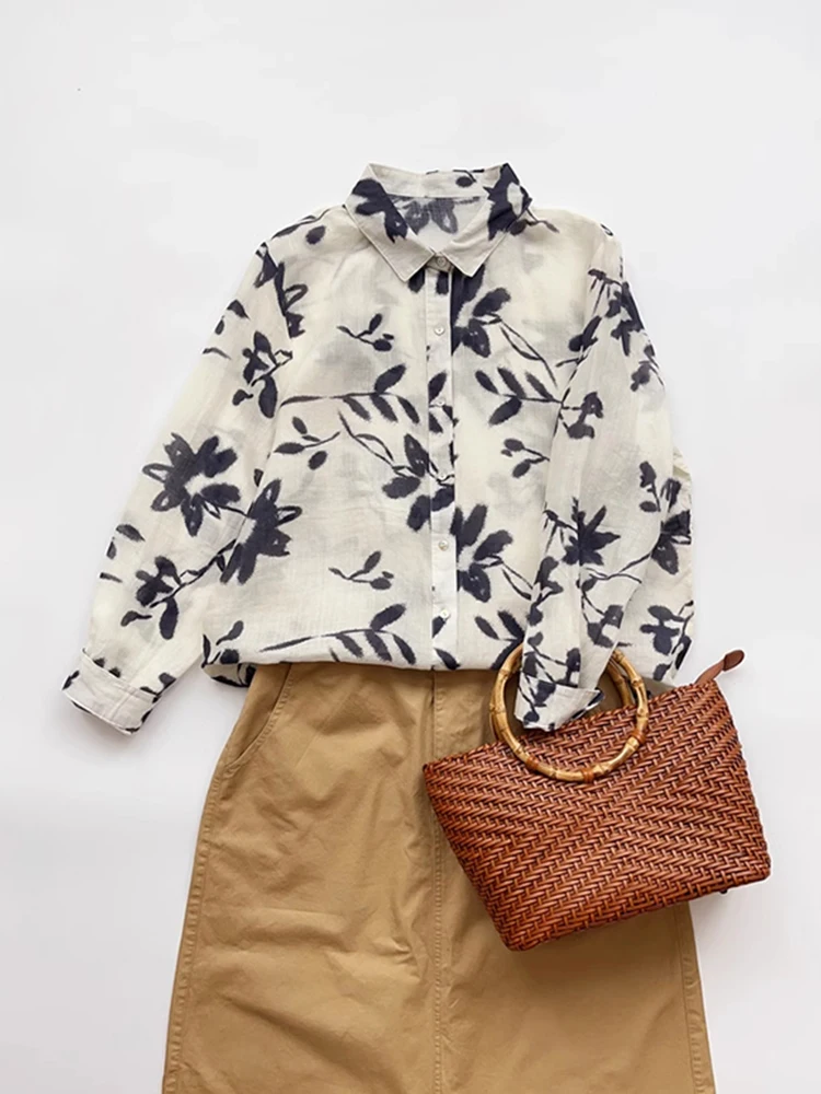 

Льняной топ с акварельным принтом в стиле ретро, женский ранний осенний свободный повседневный льняной длинный топ с отложным воротником в стиле ретро