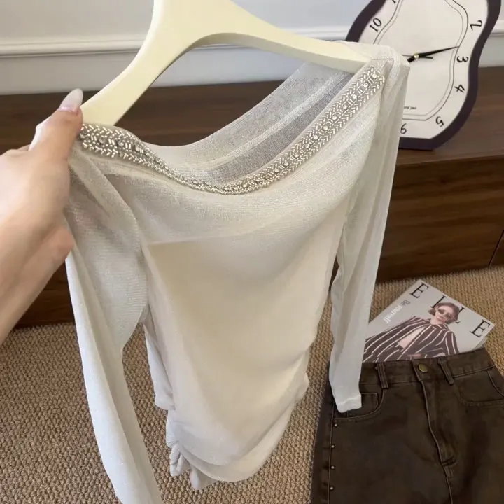 Fashionable Diamond Embedded One-Shoulder Long Sleeve T-Shirt Women's Slim Fit Autumn Style Casual Wear Elegant Yellow