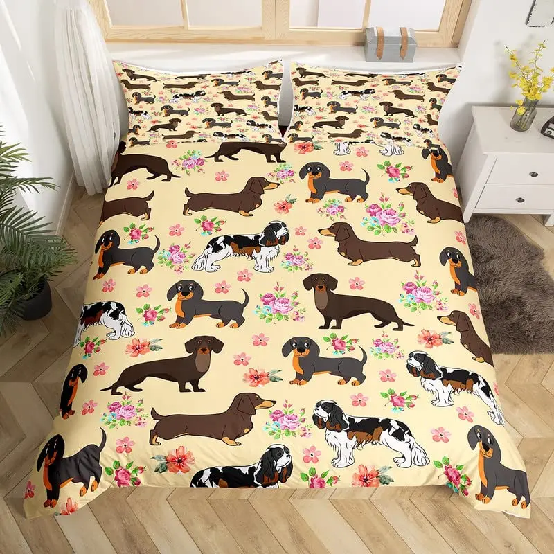 Sausage Dog King Queen Duvet Cover Floral Dachshund Bedding Set Cartoon Puppy Animal Comforter Cover Pet Polyester Quilt Cover