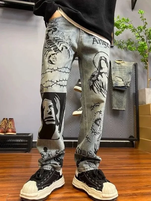 

Retro Loose Straight Leg Men's Jeans Graffiti Print Casual High Waist Blue Denim Pants Trendy Youth Fashion Autumn Wear
