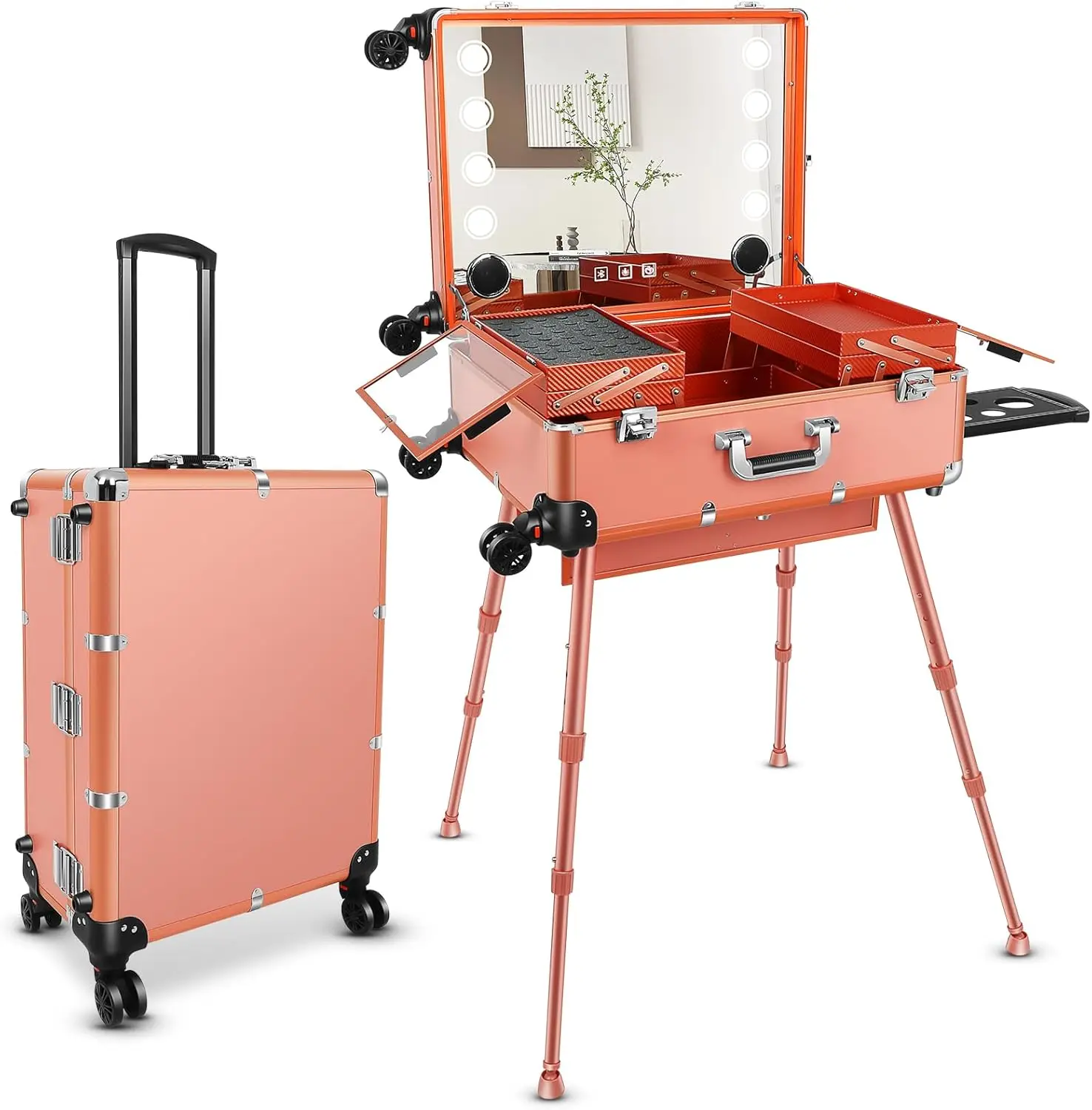 

24'' Aluminum Trolley Makeup Train Case with 8 LED Light Rolling Cosmetic Organizer Studio Speaker Make up Artist Studio Free
