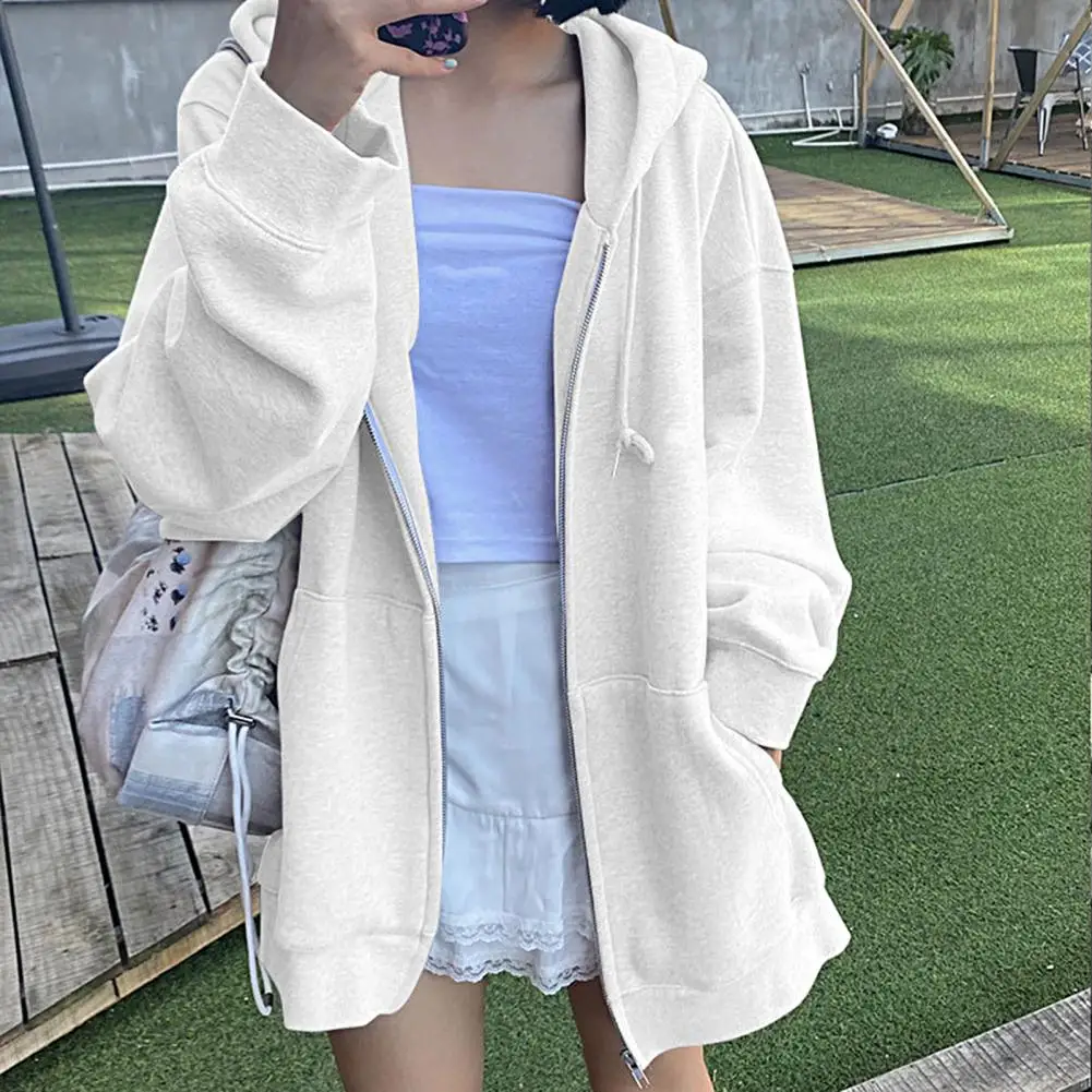 Oversize Women Hoodies Coat Solid Color with Hat Thin Zipper Hooded Cardigan Korean Loose Long Sleeves Autumn Jacket Sweatshirt