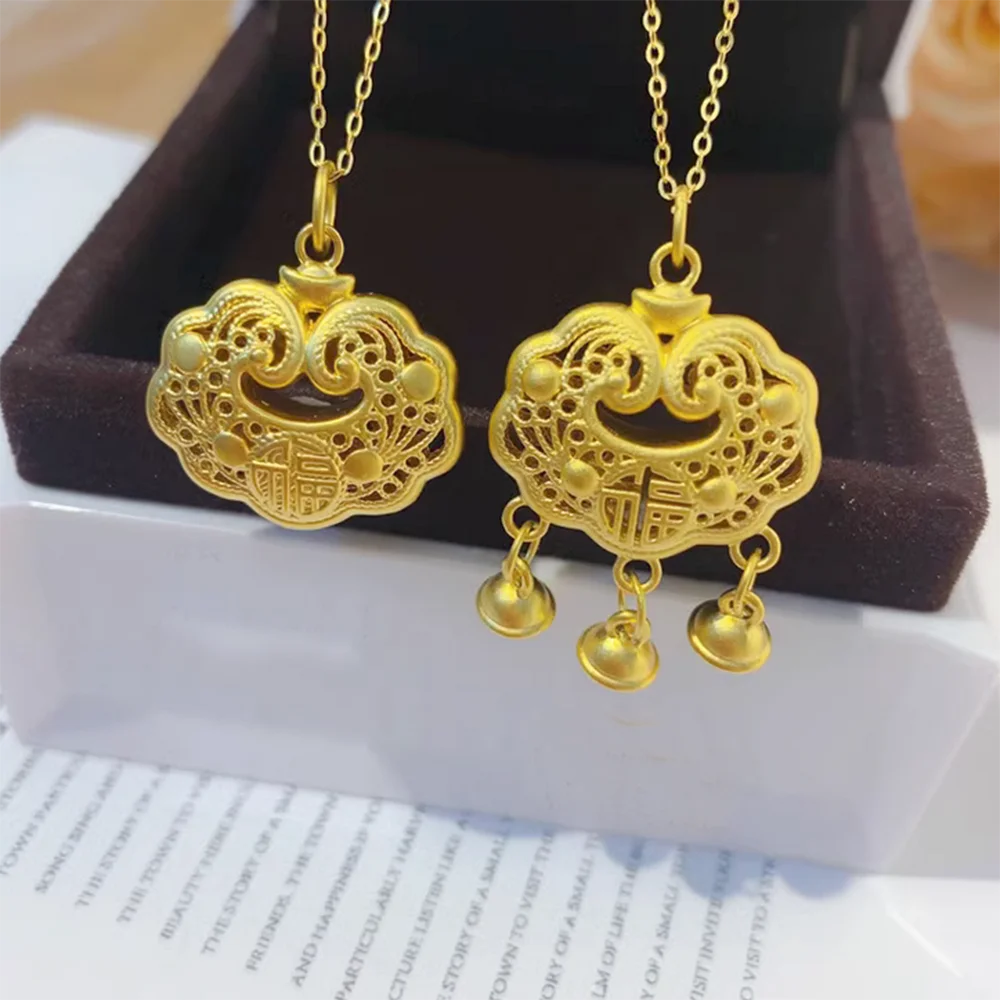 1pcs 24K Yellow Gold Pendant For Women 3D  Filigree Crafts Hollow Longevity Lock Bell Baby Gift