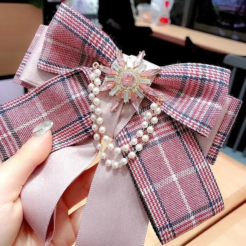 Korean Fashion Pink Plaid Bow Tie for Women Accessories Gift Multi-layer Bowknot Ladies Fabric Pearl Rhinestone Pins Brooches