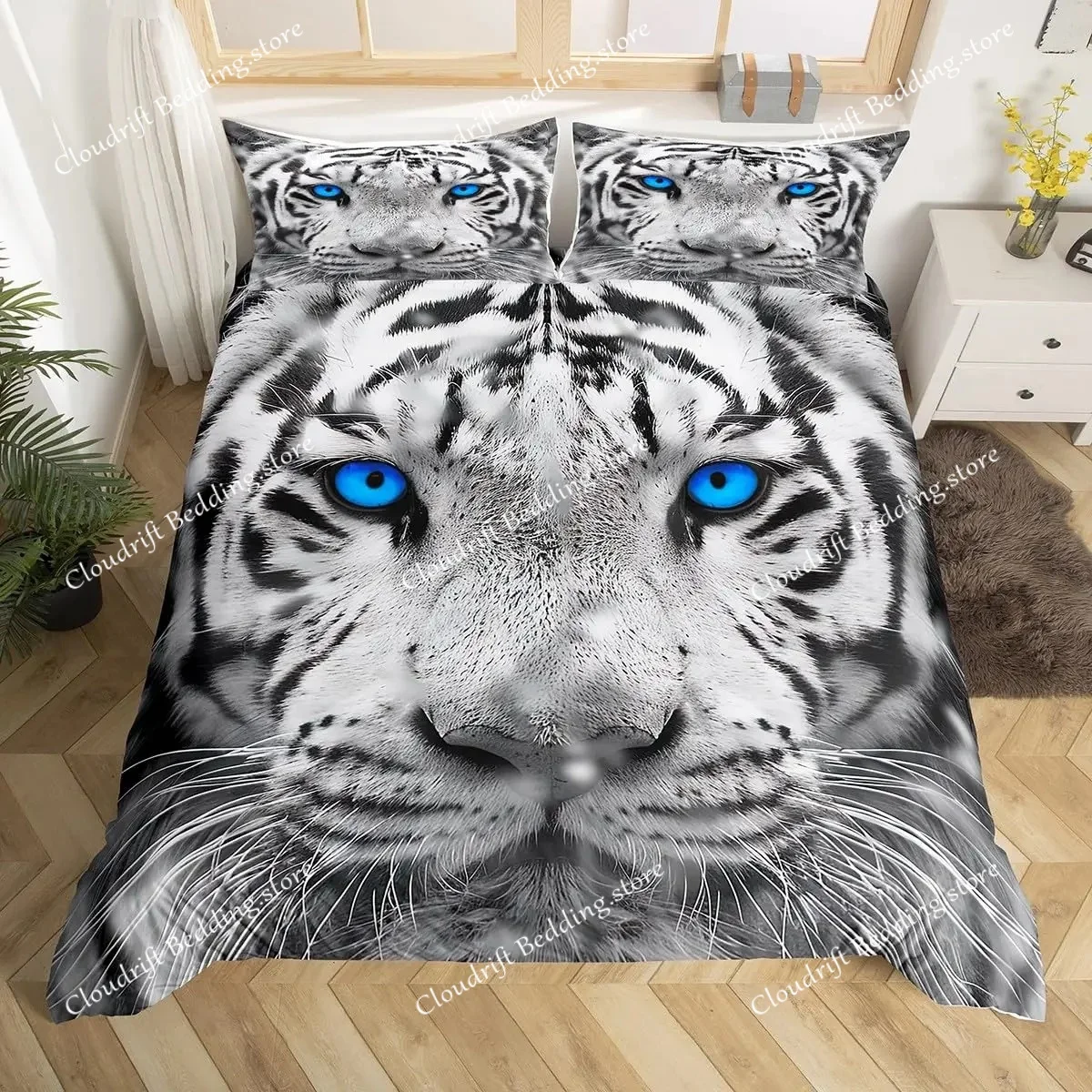 

White Tiger Duvet Cover Set Queen Size Wildlife Comforter Covers Animal Print Bedding Set For Boys Girls Kids Art Bedroom Decor