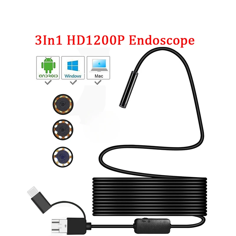 

Mini Camera Endoscope HD 1200P IP67 2M Hard Flexible Tube Mirco USB Type-C Borescope Video Inspection for Android Car Endoscope