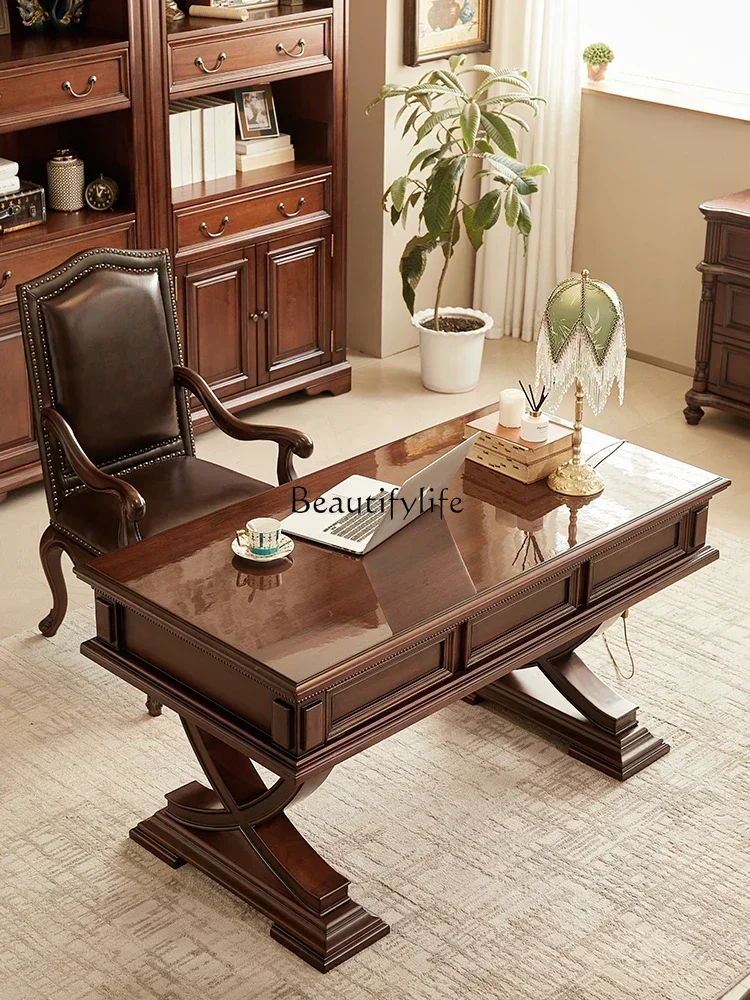

pg45American neoclassical all-solid wood desk gold silk teak advanced workbench furniturelx
