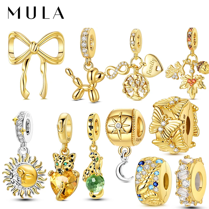 Mula série de ouro diy encantos grânulo original 925 prata esterlina zircônio sol leopardo pingentes caber pulseira jóias presente marcação