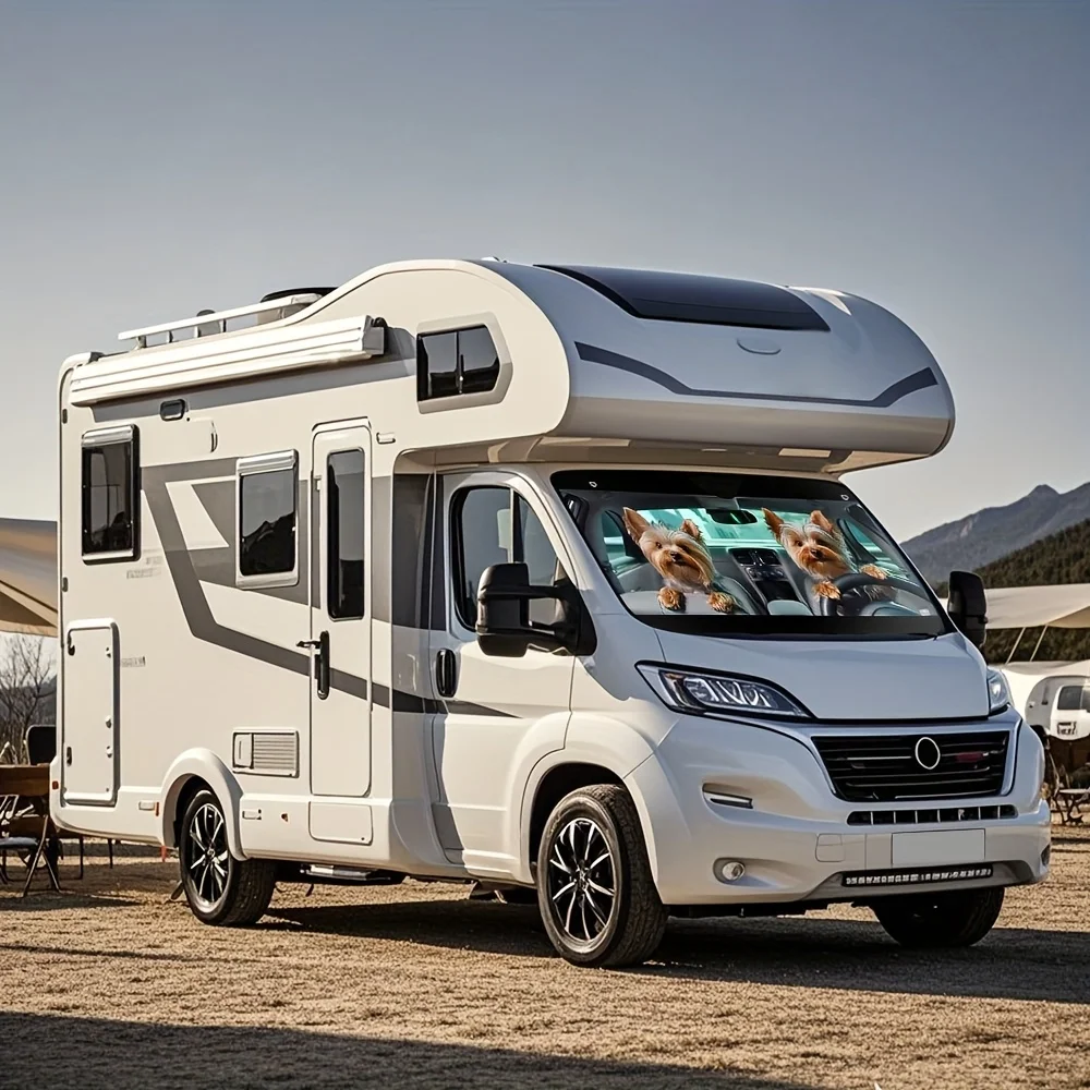 قطعة واحدة من مظلة السيارة المطبوعة على شكل كلب يوركشاير جحر مع 4 أكواب شفط - مظلة أمامية، ظل تبريد قابل للطي للسيارات، يوركشاير تير