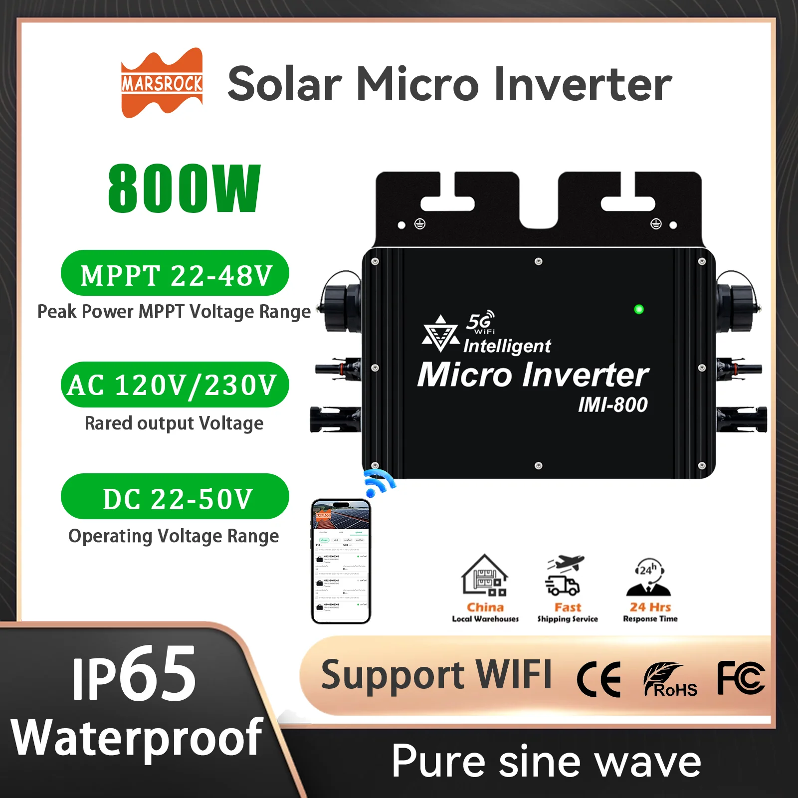 800W MPPT Grid Tie Solar Inverter With WiFi Function 22-50VDC Input On Grid Microinverter for 120VAC or 230VAC Home Grid IP65