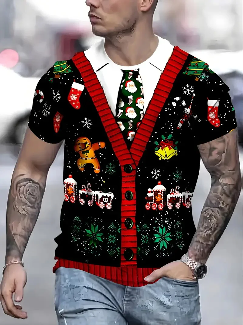 الرجال حفلة عيد الميلاد التي شيرت ثلاثية الأبعاد طباعة بدلة وهمية نمط تصميم قصيرة الأكمام الجولة الرقبة التي شيرت مع ندفة الثلج شجرة عيد الميلاد الطباعة #1