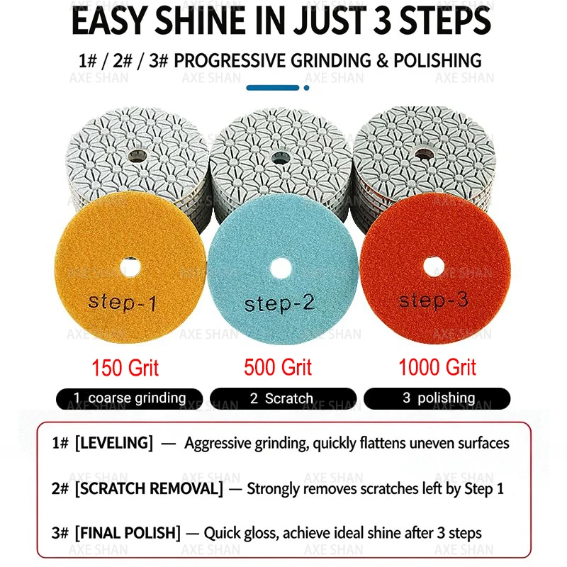 4 Inch 3 Step Diamond Polishing Pads 150/500/1000 Grit Hook Loop Sanding Disc for Stone Granite Concrete Terrazzo Floor Grinding