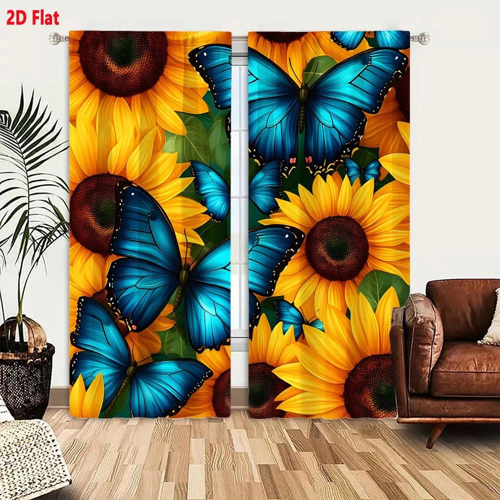 2Pcs Curtains Vibrant Sunflower And Blue Butterfly Digital Illustration For Textile Wallpaper Design Window Drapes for Bedroom R
