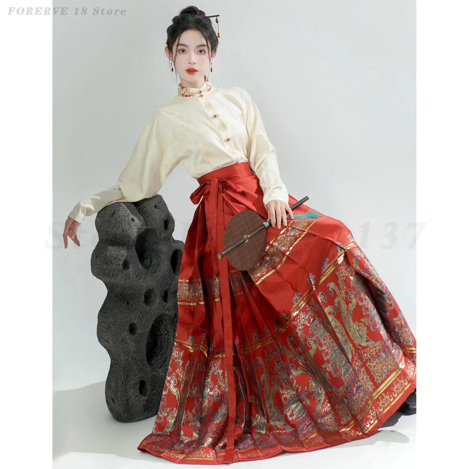 Spring Autumn Retro Hanfu Set Long Sleeve Shirt Mamianqun Set Bridal Wedding Tang Costume Traditional Chinese Horse Face Skirt