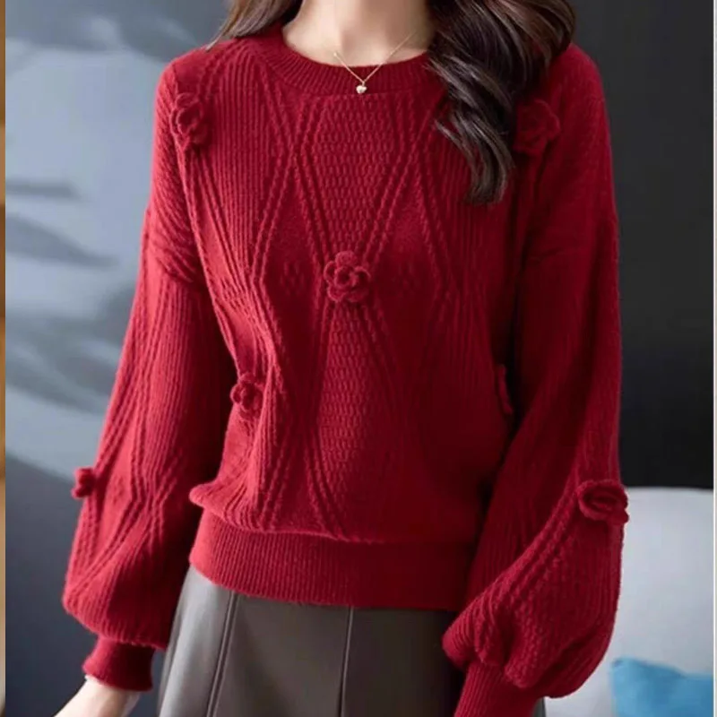 Autumn Winter New Vintage Solid Knitted Sweaters Women Commute Fashion Loose Jumper Chic Floral Embroidery O-neck Pullovers