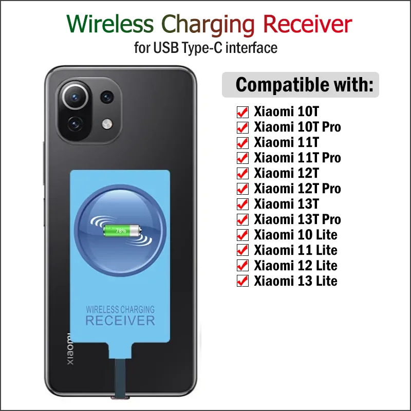 Wireless Charging Receiver for Xiaomi Mi 9T 10T 11T 12T 13T Pro 10 11 12 13 Lite USB Type-C Adapter USBC Charger Connector