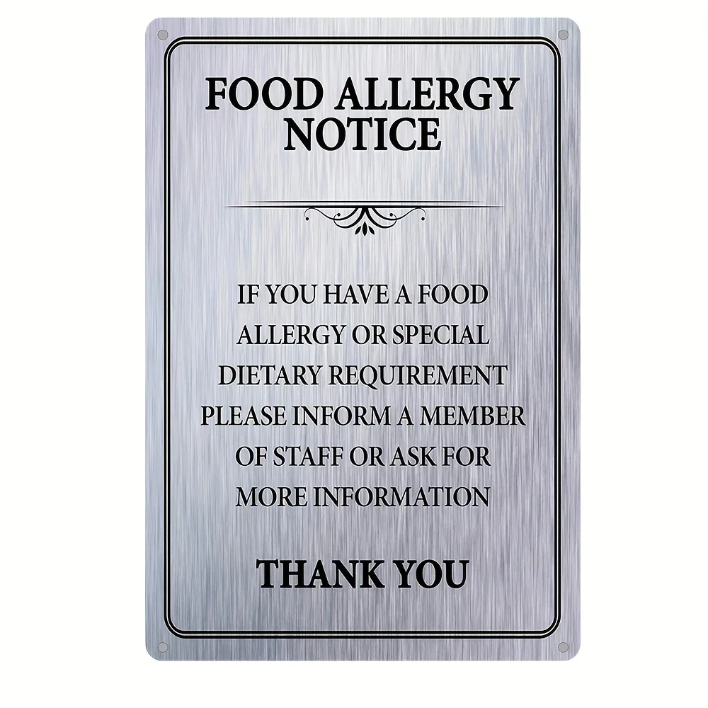 Vintage Metal Tin Sign Food Allergy Notice - Wall Hanging Iron Plaque for Home, Restaurant, Bar, Cafe, Garage Decor Waterpr