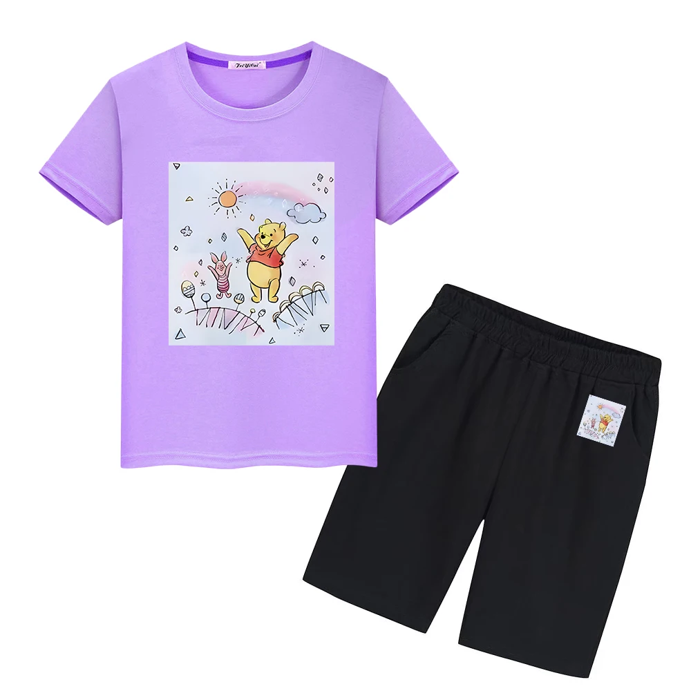 

Pooh Bear Print boys girls 100%Cotton T-shirt Kawaii Anime Tshirts Short+pant Cute Tees Disney Sports Sets kids boutique clothes