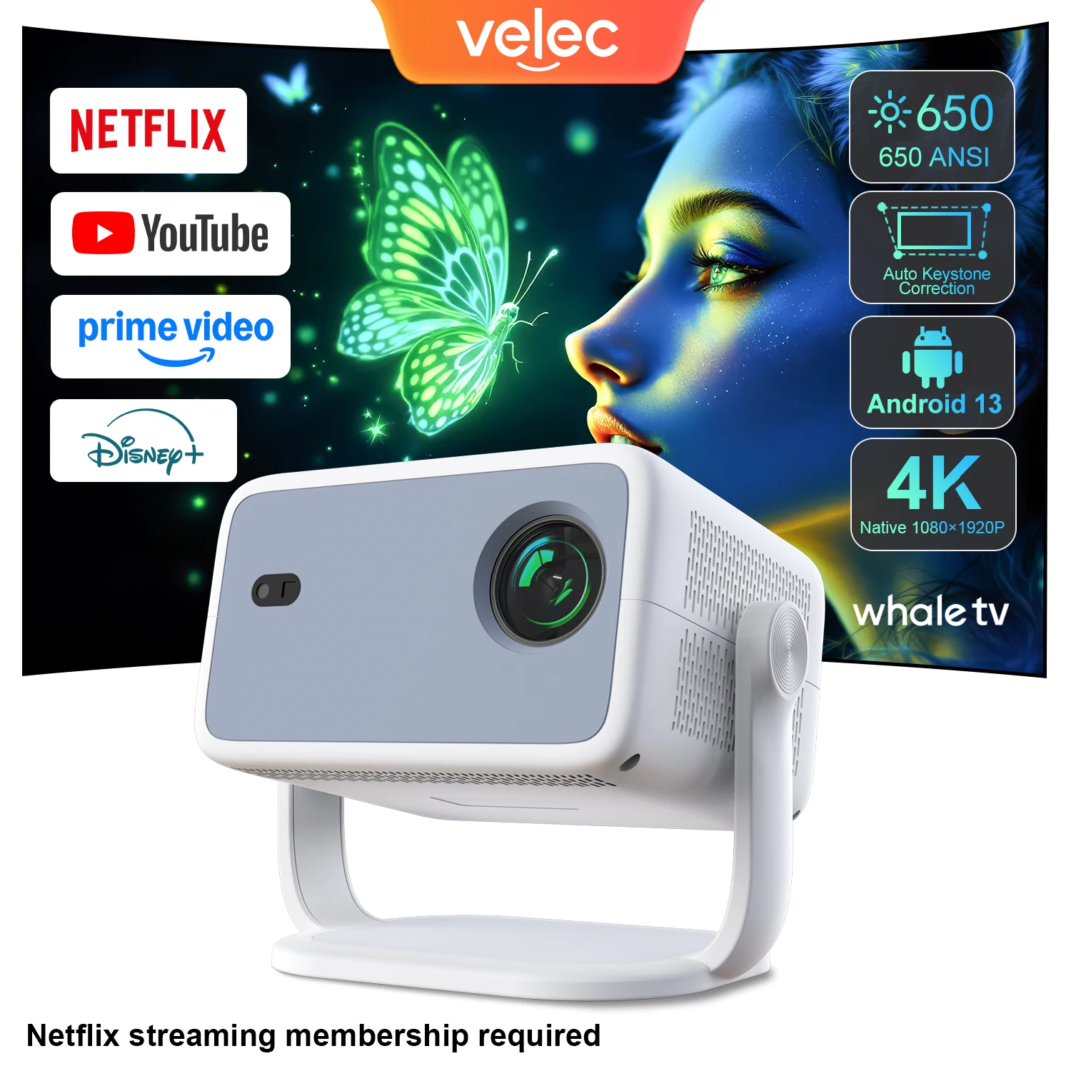 Velec TP350 NTV Projector Compatible with Netflix 650ANSI Android 13 Native 1080P With Auto Focus Smart Home Outdoor Projector