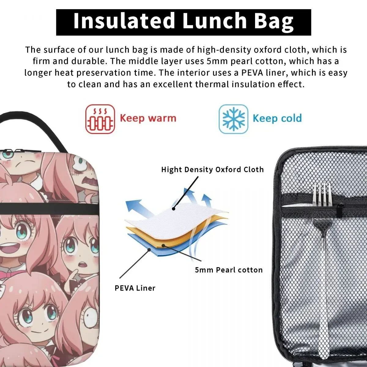 Custom Spy X Family Anya Anime Cartoo Lunch Bag Women Cooler Thermal Insulated Lunch Boxes for Children School