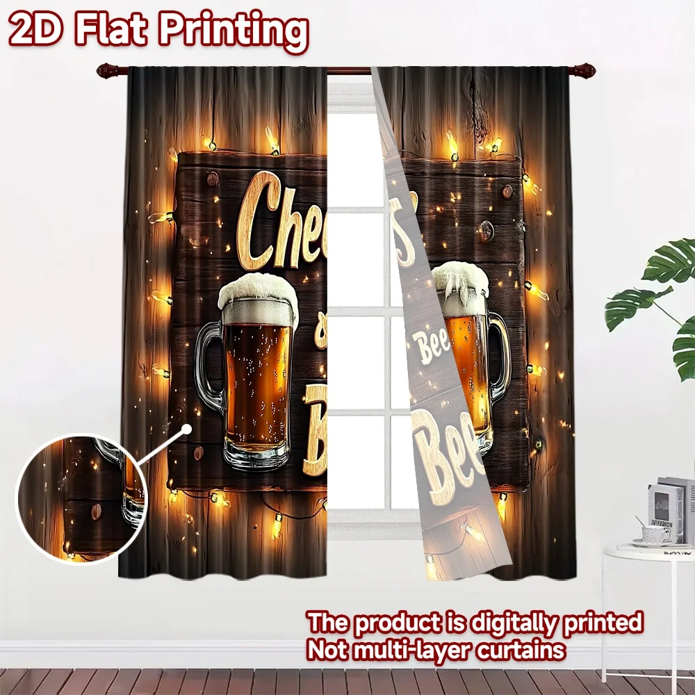 2D flat 2pcs Curtain Country Style Cheers and Beer Mugs Durable polyester fiber Festive Curtains Perfect for Drapes for Bedroom