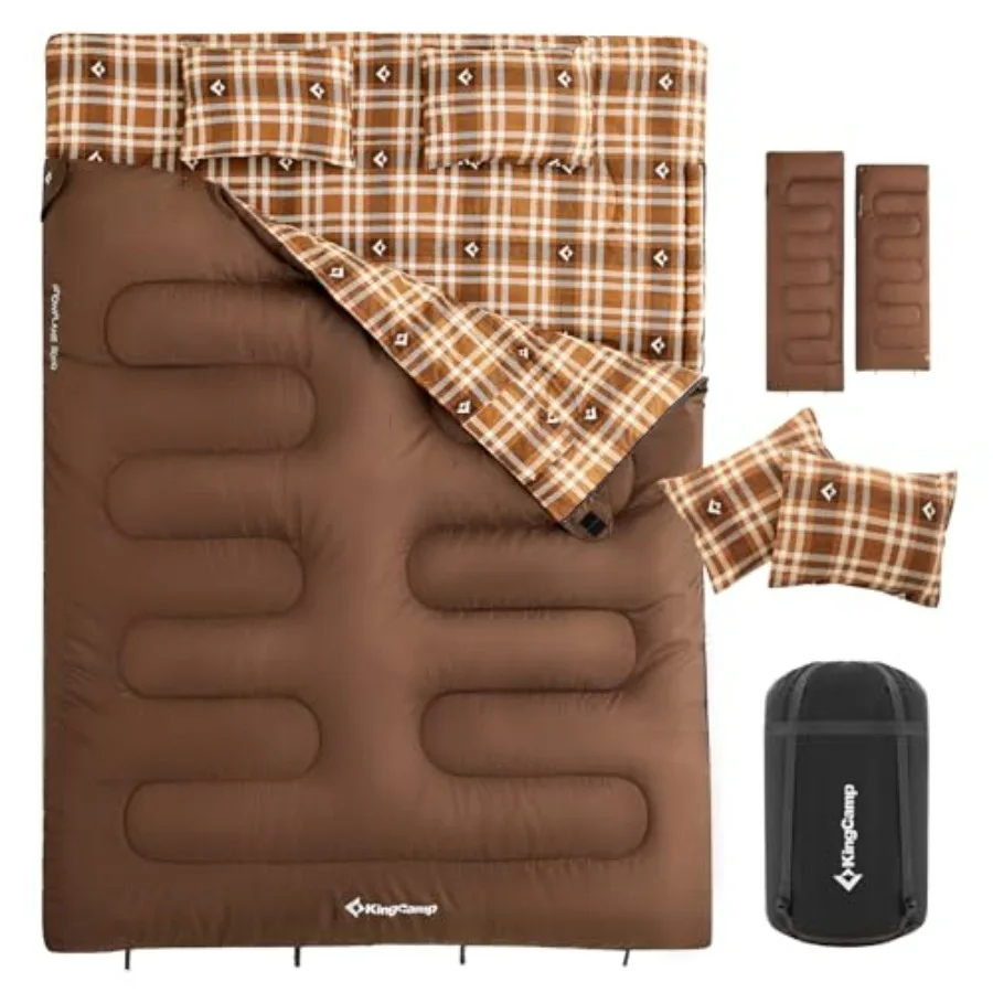 

Couples camping sleeping bag, flannel, gray, waterproof and lightweight with 2 pillows, queen size XXL for adults