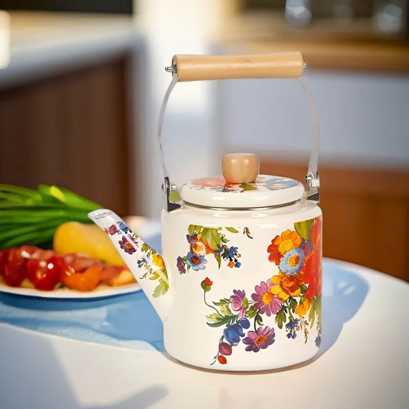 american retro enamel water kettle nostalgic flower pattern