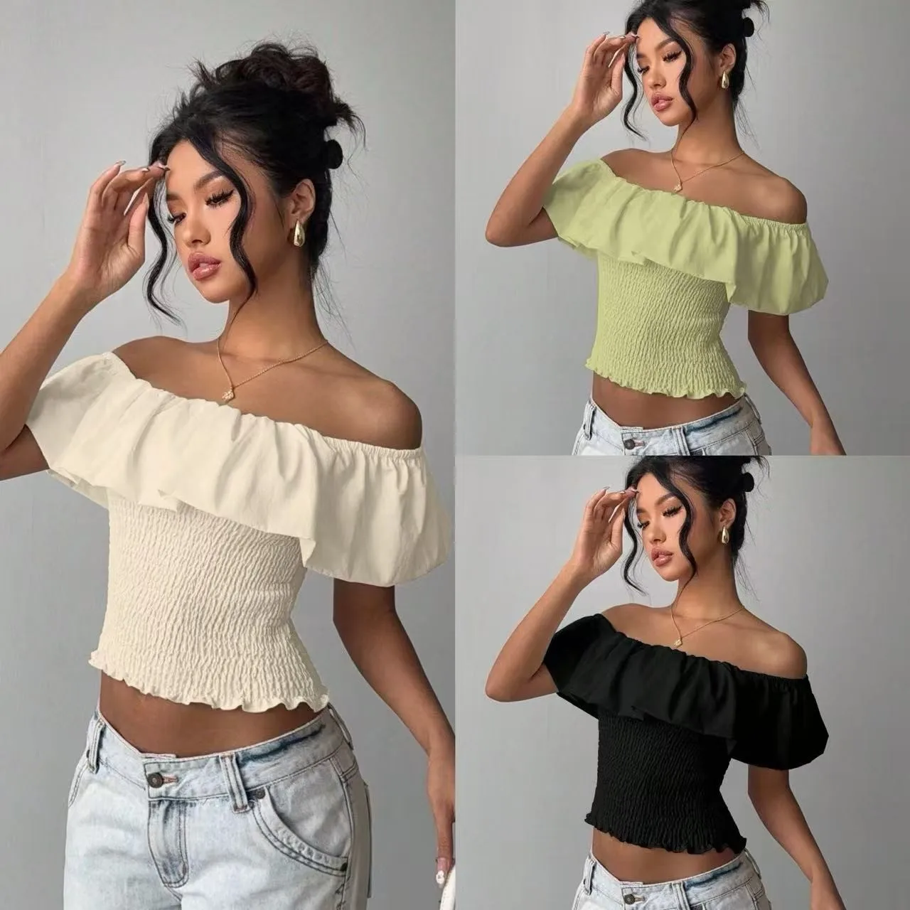Women Crop Top Light Green Slim Fit Body Femmes Smocked Bodice Black Bandeau Top Ruffle Trim Cream Off Shoulder Top