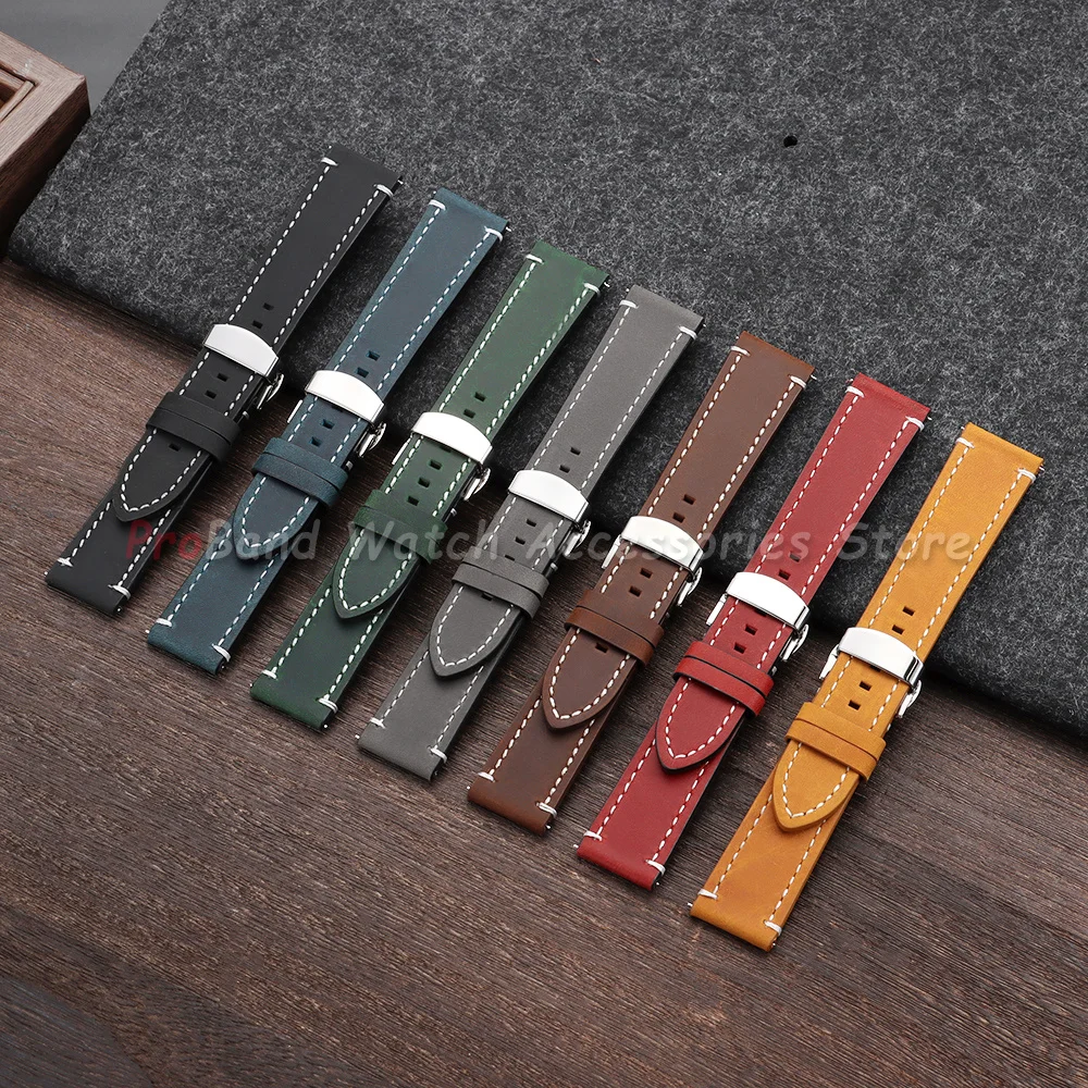 18mm 19mm 20mm 21mm 22mm 24mm Retro Vintage Calfskin Leather Watch Straps Butterfly Buckle Watchband Universal Business Bracelet