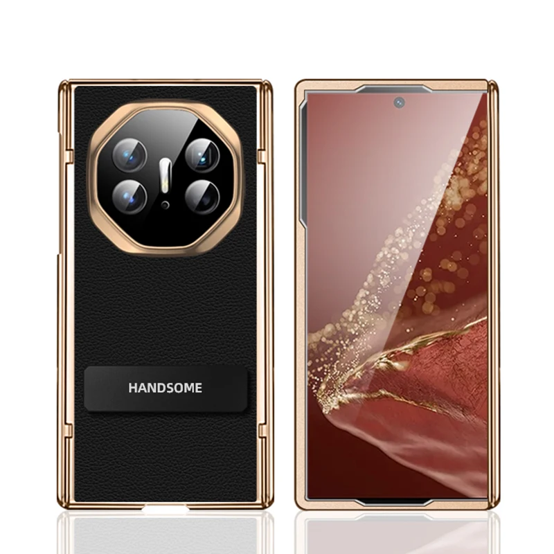 Luxury Genuine Leather Gold Plating Frame Phone Case For HUAWEI Mate XT Double Spring Hinge Cover With Vortical Kickstand