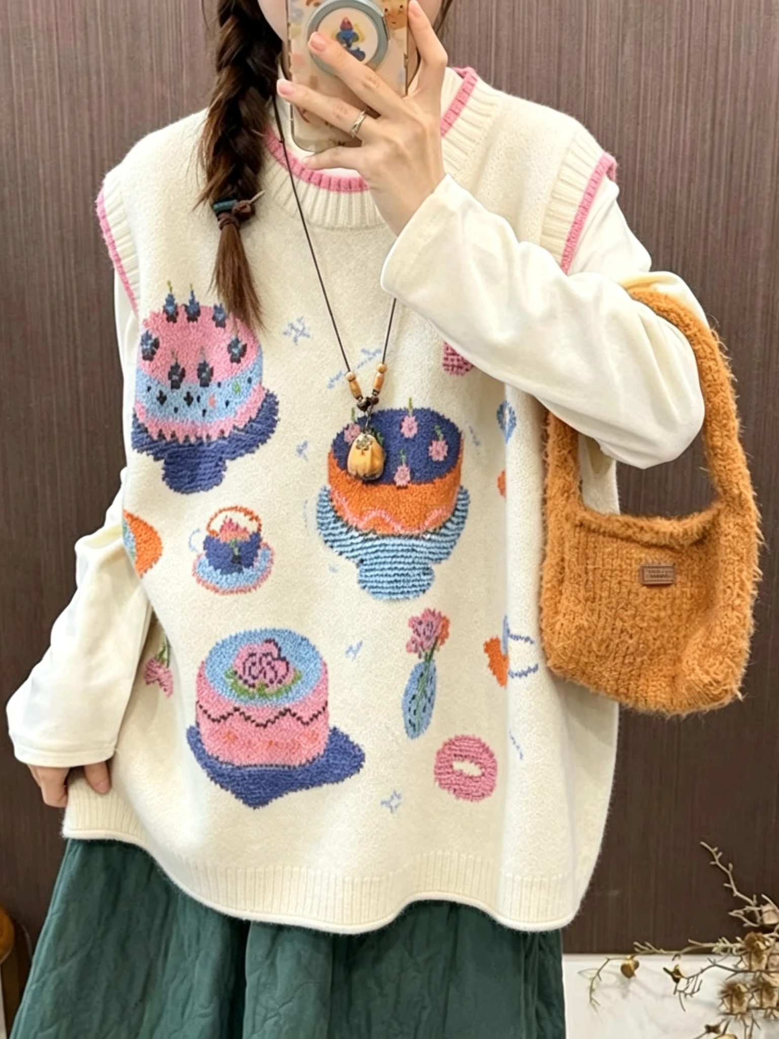 Women's Loose Fit Embroidered Knitted Vest Autumn Winter Color Block Outerwear Shoulder Pad Tank Top Korean Style Coolmax Fabric