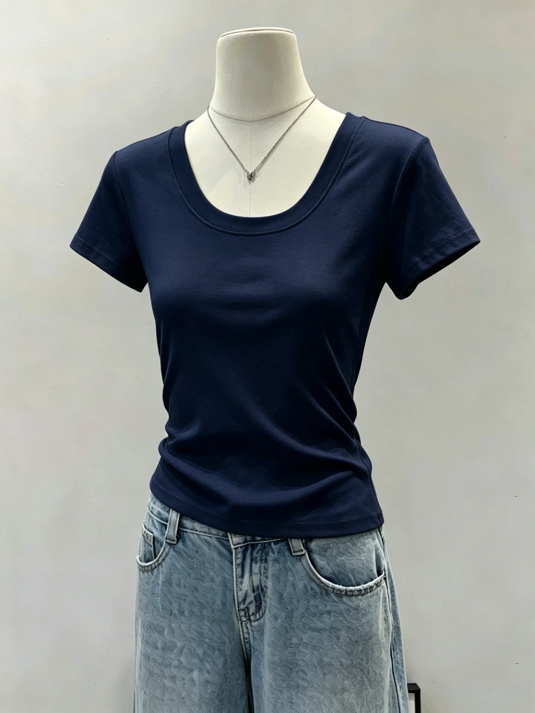 Slim Fit Short Sleeve U-Neck T-Shirt Women's Cotton 95% Elastic Fiber 5% Casual Summer Slimming Waist Cinched Trendy Top