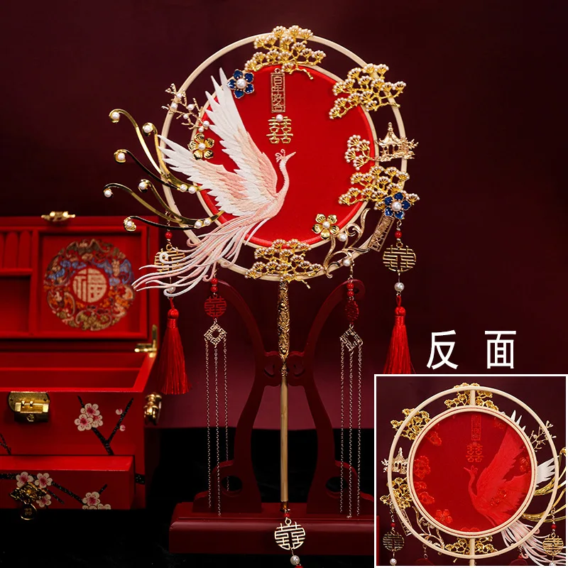 Red Wedding Bridal Fan, Antique Handmade Embroidered, Xiuhe Accessories, Photography Props, Performance Show, Dance Party