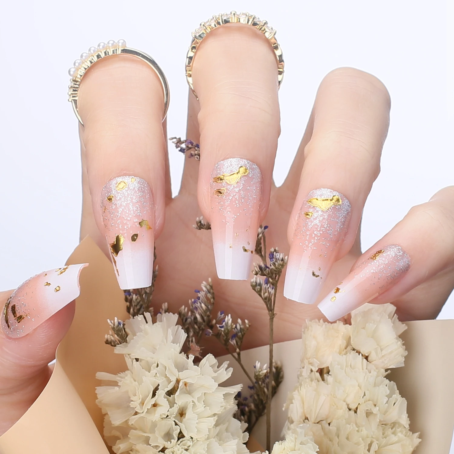 Nude Baby bommer Glitter Gel Fake nails Coffin Ombre Press on nails Medium Ballet Pink Glitter Gold Foil Design acrylic nails