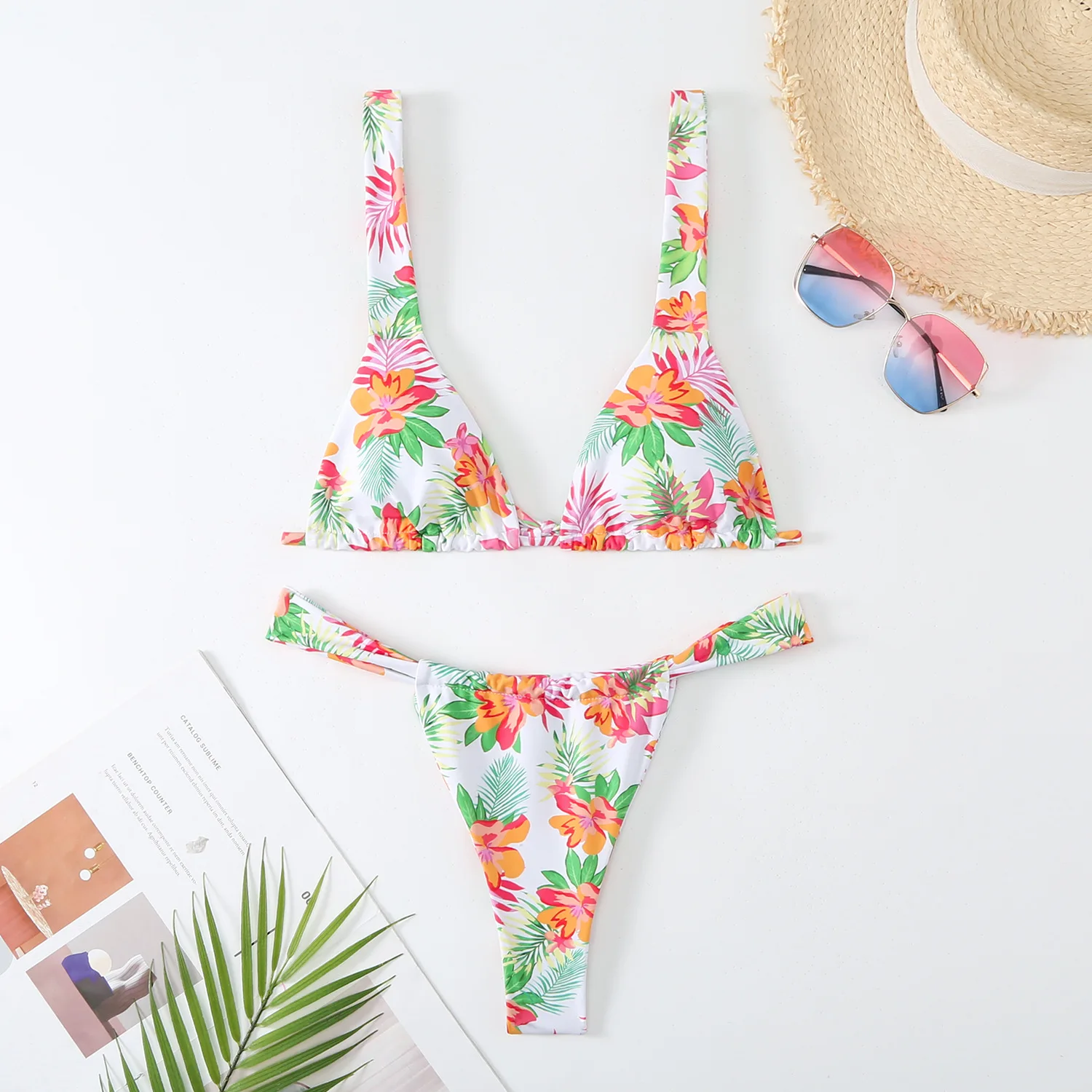 Bloemenprint Micro Bikini Set Sexy String 2-delig Badpak Voor Dames 2024 Zomervakantie Zwemset V-Hals Jarretel Badkleding