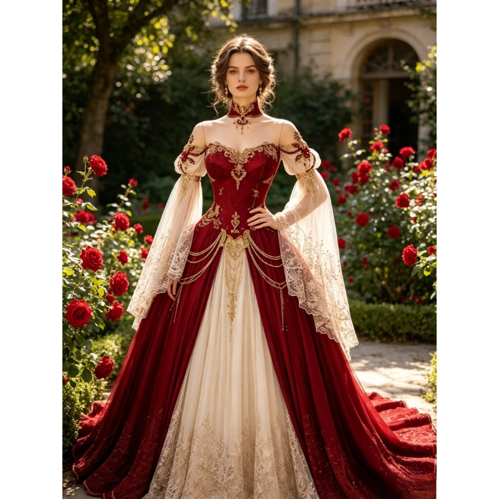 Maßgeschneidertes Herzförmiges Kragen-Design Rotes Samt-Schulterfreies Flauschiges Hochzeitskleid 2026 Luxuriöse Spitzen-Glockenärmel Edles Brautkleid