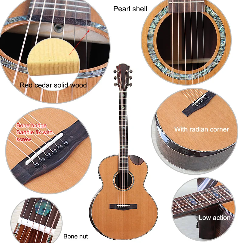 Professional 40inch Acoustic Guitar Electric 6 String High Grade Folk Guitar Solid Red Cedar Wood Top With Radian Corner