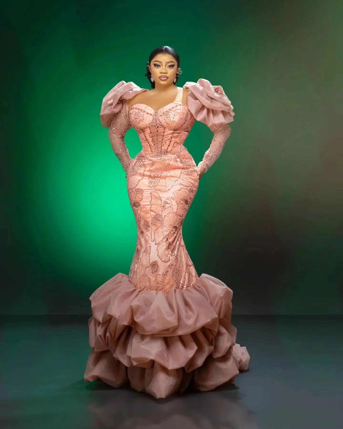 

Plus Size Peach Mermaid Prom Dress Lacefull Promdress Beaded Full Sleeves Evening Formal Party Second Reception Birthday Engagem