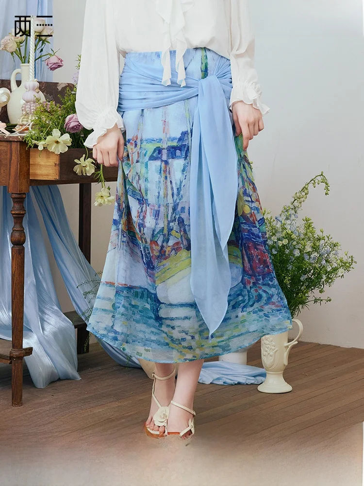 

Summer New Retro Double Layer Printed Belt High Waist Long Skirt Women's Polyester Fiber A-Line Skirt Loose Fit Date Skirt