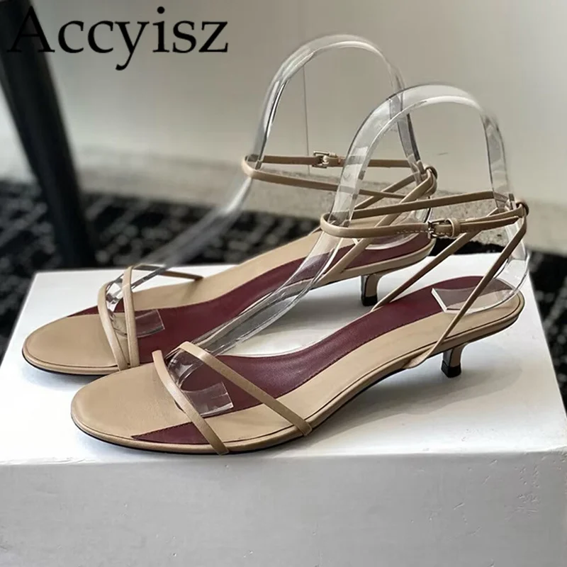 

New Summer Genuine Leather Narrow Band Low Heel Sandals Women Simple Versatile Casual Sandalias Daily Commuting Versatile Shoes