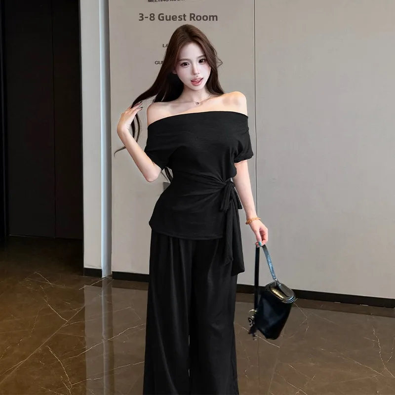 Korean Style Summer New Fashion Casual Belted Shoulder Short Sleeve Slimming Effect Loose Waist Pants Two Piece Set