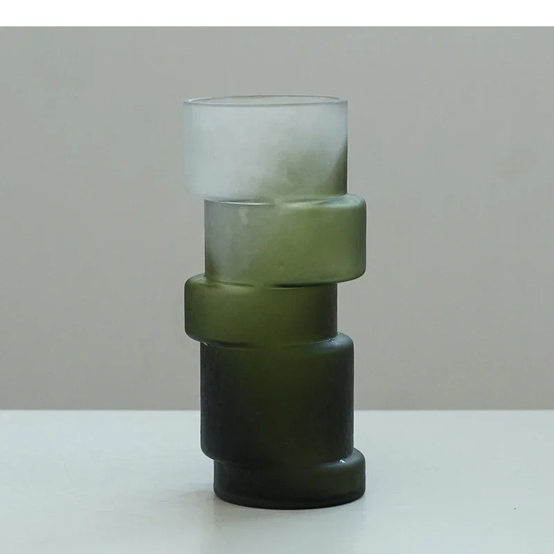 Glass Vase Geometric Misalignment Matte Gradient Green Bamboo Joint Glass Vase Hydroponics Terrarium Home Decoration Accessories