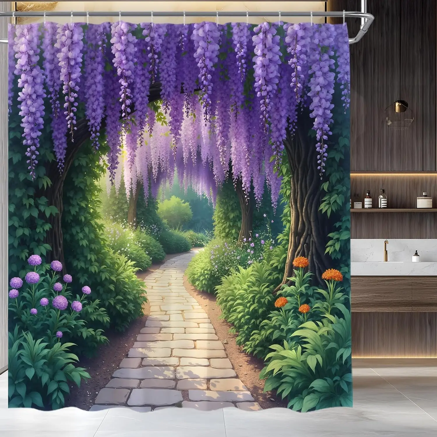 

Spring Garden Shower Curtain Wisteria Green Leaf Vine Plant Purple Flower Lavender Floral Nature Scenery Country Fabric Bathroom