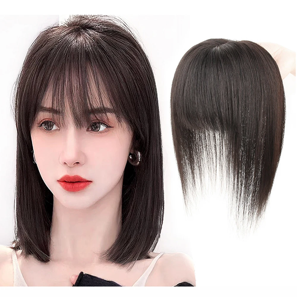 8X12cm 13X13cm Women Breathable Human Hair Silk Base Topper with Bangs Pu Toupee Hair Piece Straight With Clips in 3 Colors