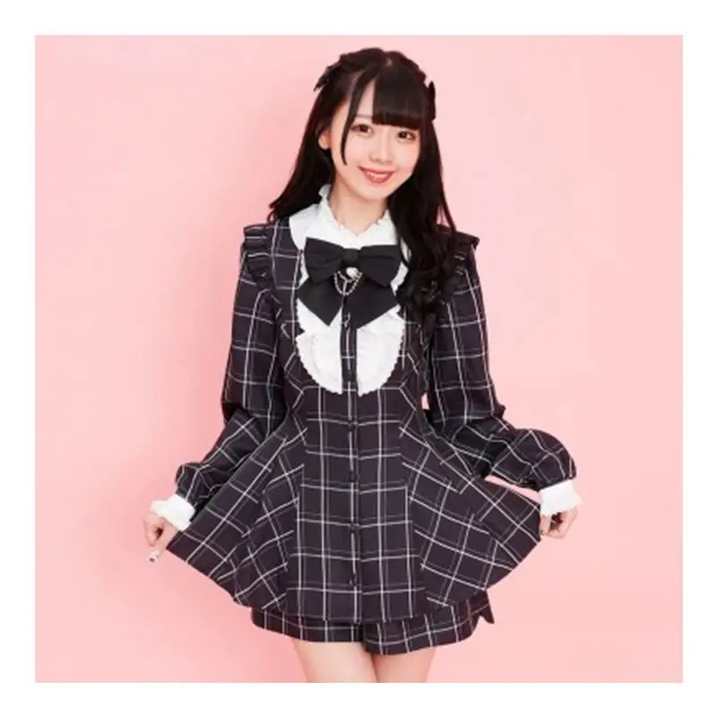 Vintage elegante Pladr Lolita 2 pezzi set dolci donna Kawaii Love Bow Lace Shirt Dress vita alta Rufffles Shorts abiti da donna