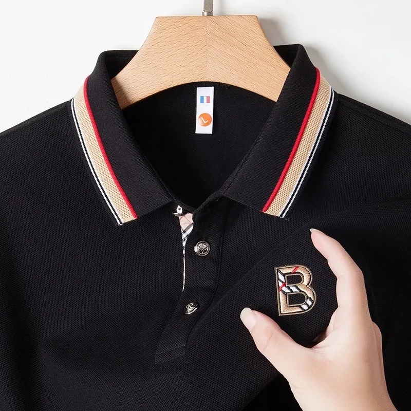 

Summer Men's High-End Luxury 100% Cotton Polo Shirt Lapel Business Casual Versatile Short-Sleeved Embroidered T-Shirt Top