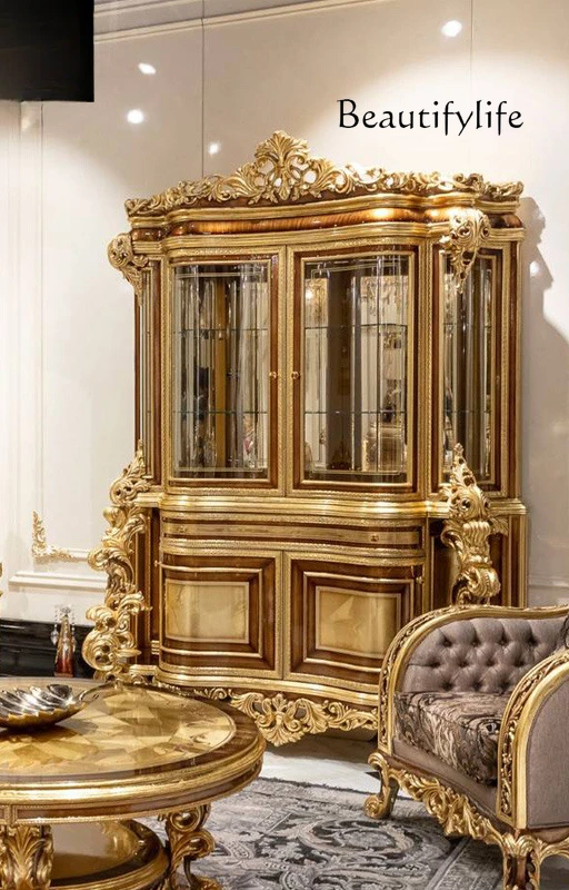 large apartment villa storage cabinet European solid wood carving flower double door glass wine cabinet storage advanced